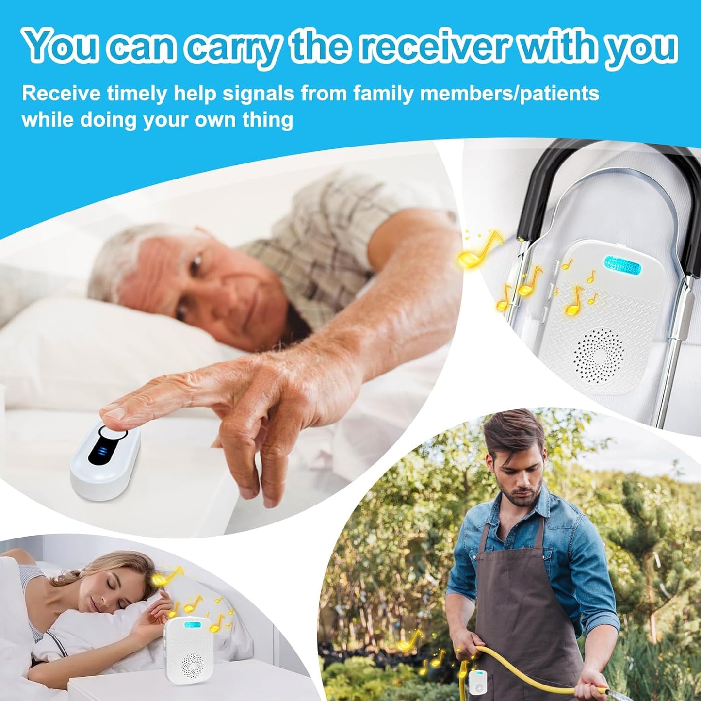 Wireless Caregiver Pager Call Button Nurse Call System Rechargeable & Portable Receiver with 328Ft Range for Elderly/Patient/Disabled at Home/Hospital (1Receiver &1 Emergency Button