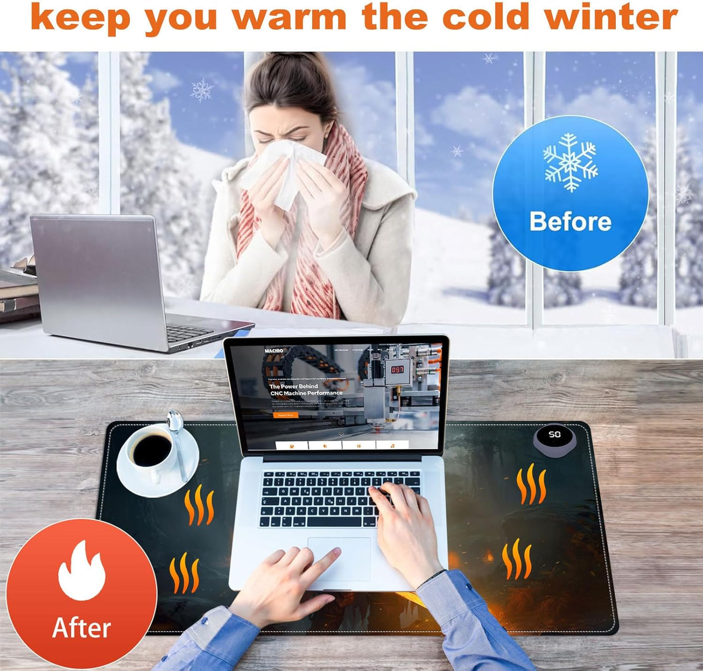 Heated Mouse Pad for Desk 31.5" x 13" – PU Leather Warm Desk Pad with 3 Heat Levels (104°F/113°F/122°F), Plug-in Electric Heating Mat with Auto Shut-Off, Waterproof & Rollable, Fire Warrior