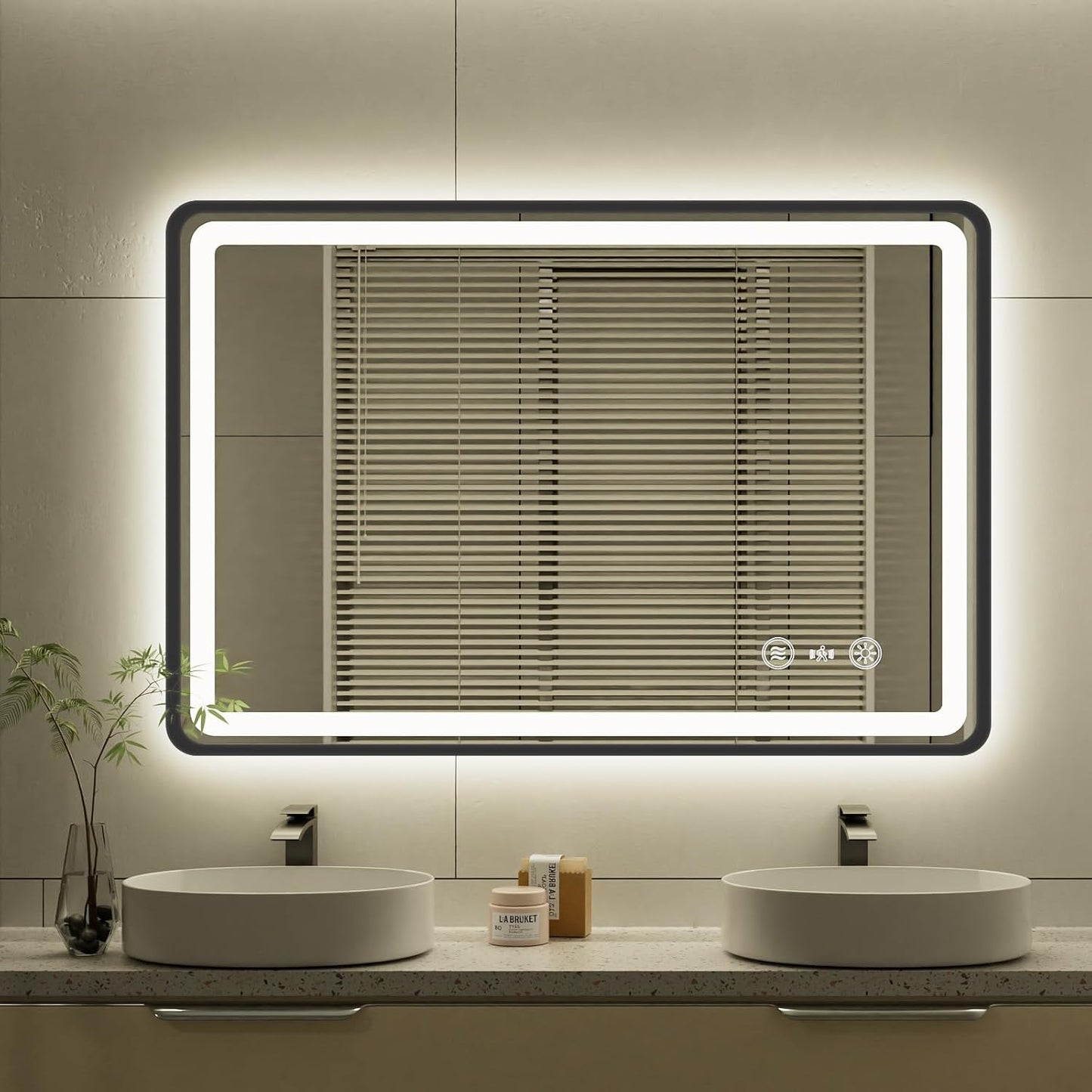 24x36 Inch LED Bathroom Mirror with Auto Sensor Lights, Black Framed Wall Bathroom Mirror, Backlit & Frontlit, Dimmable, Anti-Fog, 3 Colors, Memory Function, Smart Lighted Mirror for Vanity