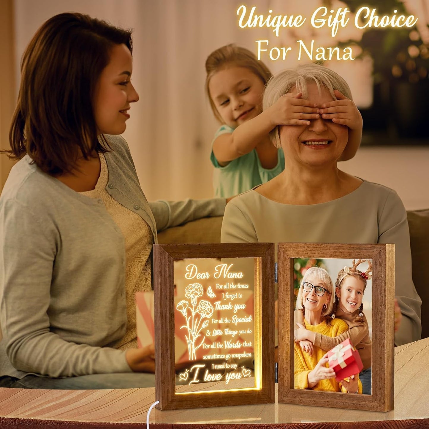 Christmas Grandma Gifts from Grandkids Granddaughter Grandson, Engraved Night Light with Nana Picture Frame 5x7, Nana Gifts Personalized Gift for Grandma Mimi Gigi Granny Grandmother Birthday Gift