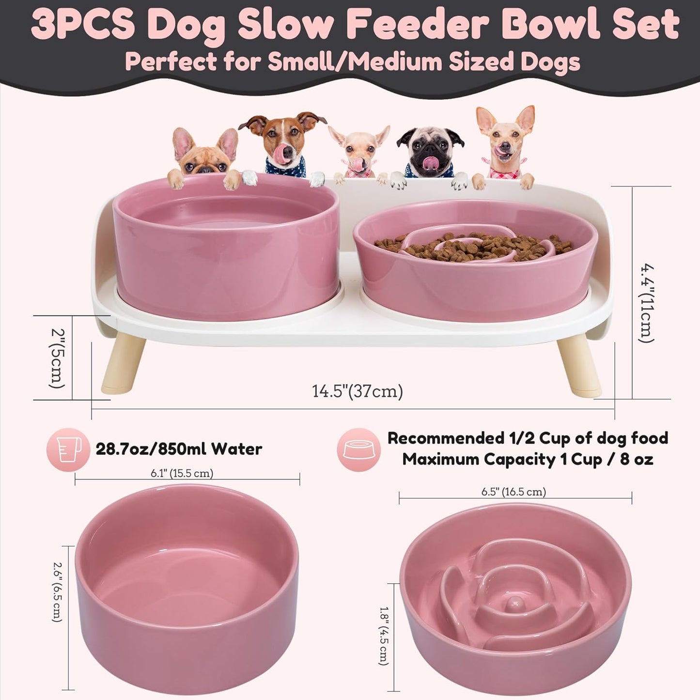 Elevated Slow Feeder Dog Bowls - Ceramic Food and Water Bowl Set with Stand - Raised Pet Dishes for Small and Medium Sized Dogs