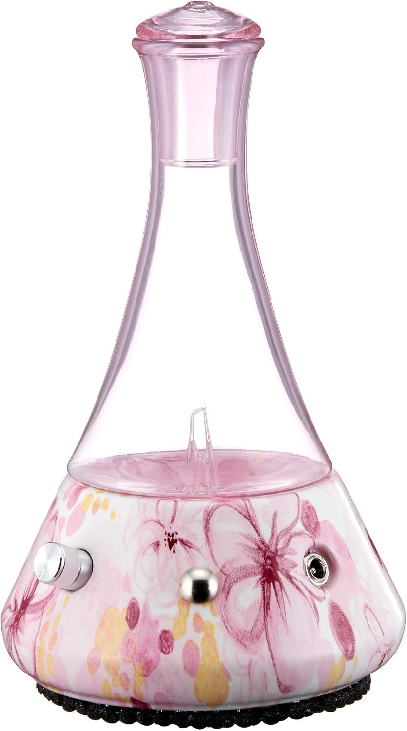 Opulence - Nebulizing Diffuser for Essential Oil/Aromatherapy with Pink Floral Ceramic Base and Pink Hand-Blown Glass with Touch Sensor Light Switch - No Heat, No Water, No Plastic