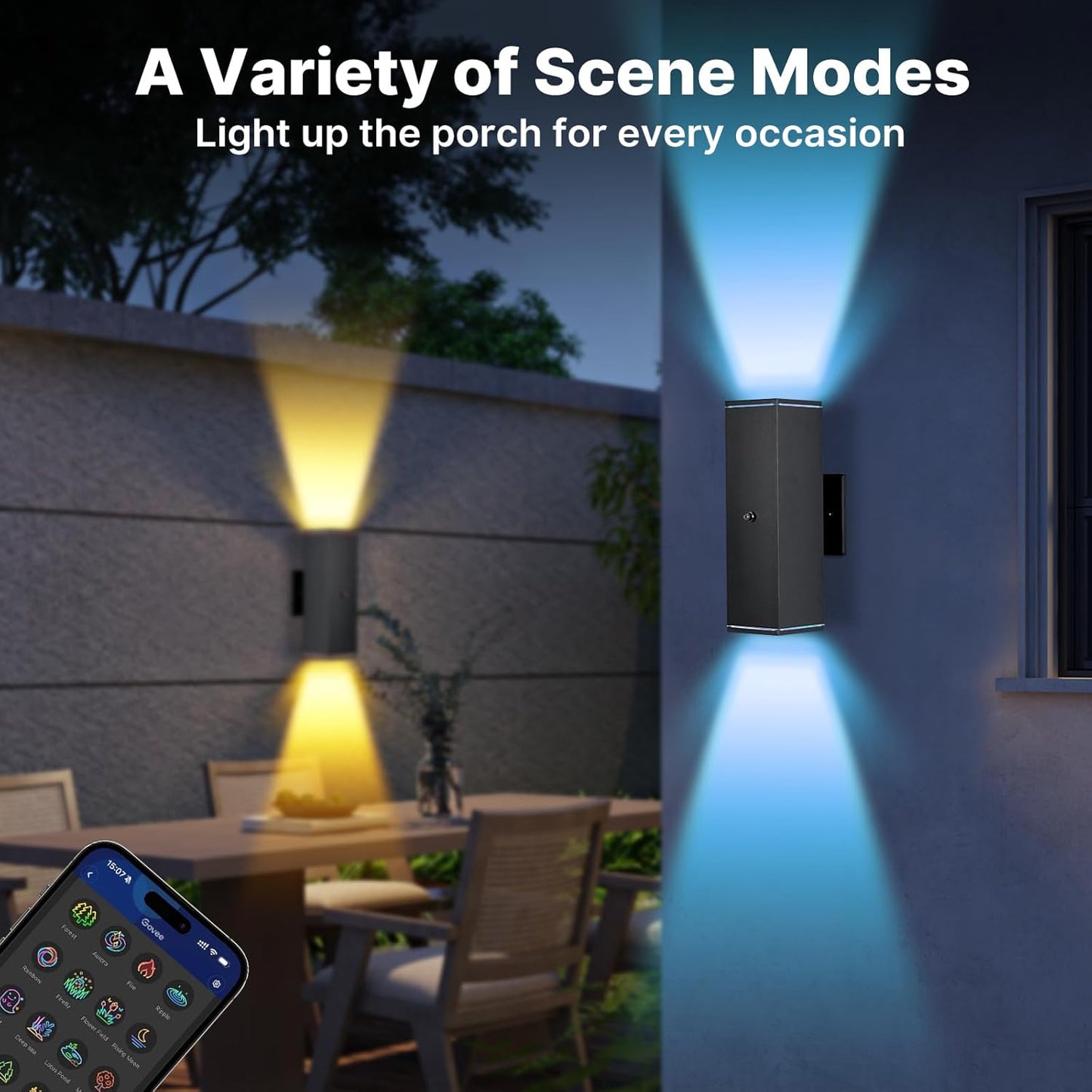 Outdoor Wall Lights 2 Pack, RGBCW Exterior Lighting Sconce,2700K-6500K Dimmable Smart Porch Lights Outdoor for House Patio Garage, Compatible with Alexa/Google Assistant, Bulb Included