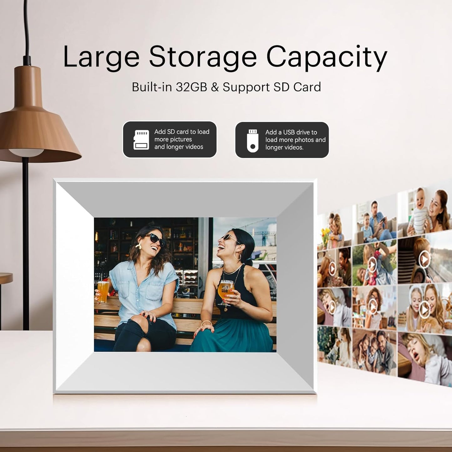 8-Inch Digital Picture Frame with WiFi, Wood Finish Frame Smart Photo Frame HD IPS Touch Screen with 16GB Storage – Easy Photo & Video Sharing from Anywhere – Ideal Gift for Family, White