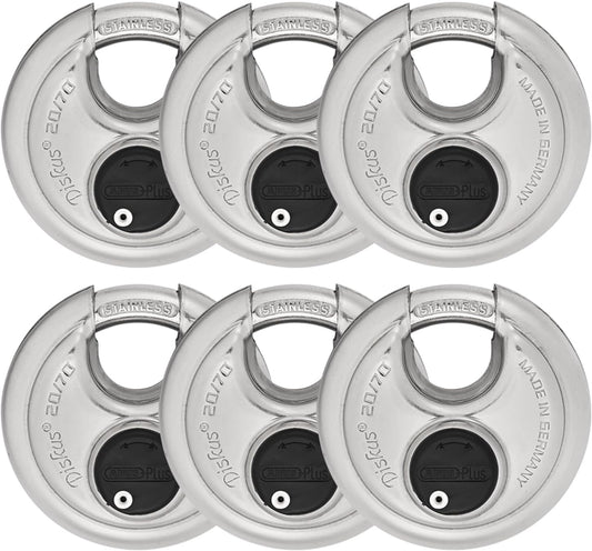 ABUS 20/70 6 Pack Heavy Duty Diskus Storage Padlock with 2 Keys for Storage, Outdoor, Commercial, 2.75in (70mm) Wide, Keyed Alike 323614