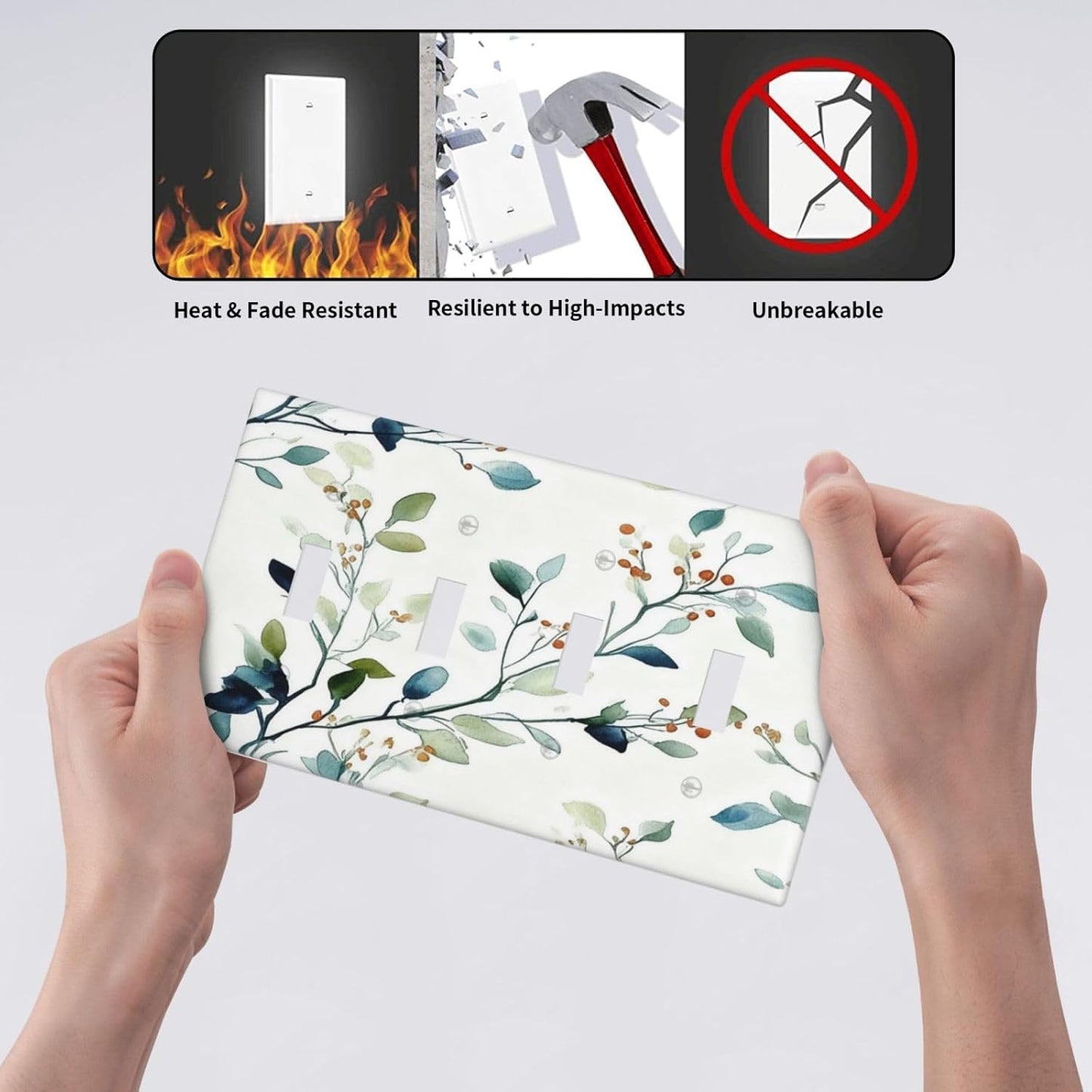 Decorative Light Switch Cover Plate Eucalyptus Leaf Geen Sage Leaves 4 Gang Wall Plates for Electrical Outlets Quad Toggle Switch Plate Covers Outlet Covers Faceplate for Bedroom Home Decor