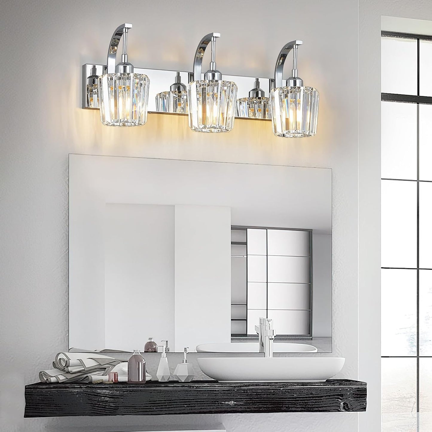 Modern Bathroom Vanity Light, 3-Light Chrome Wall Sconce with Crystal Accents, Over Mirror Bathroom Lighting Fixture, 23.62" Long Dimmable Vanity Lamp for Makeup, Easy Installation