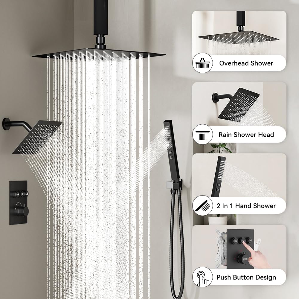 Thermostatic Shower Systems Matte Black Shower Faucets Sets, STARBATH 12+ 8" Wall Mount Rain Shower and 2 in 1 Handhled, Can Use All at Once, Push Button 3 Modes Valve and Trim Kit Complete Shower Set