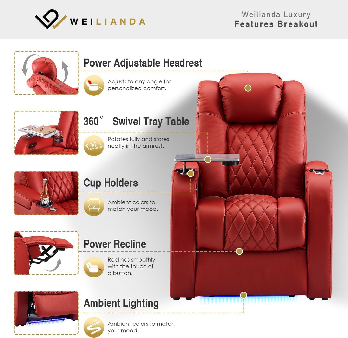 Weilianda Home Theater Seating Top Grain Leather Zero Gravity Recliner Chair Power Headrest Recline Movie Seat Gaming 7 Colors Mood Light Sofa with Tray Table USB Charge Row of 4 Loveseat Left Red