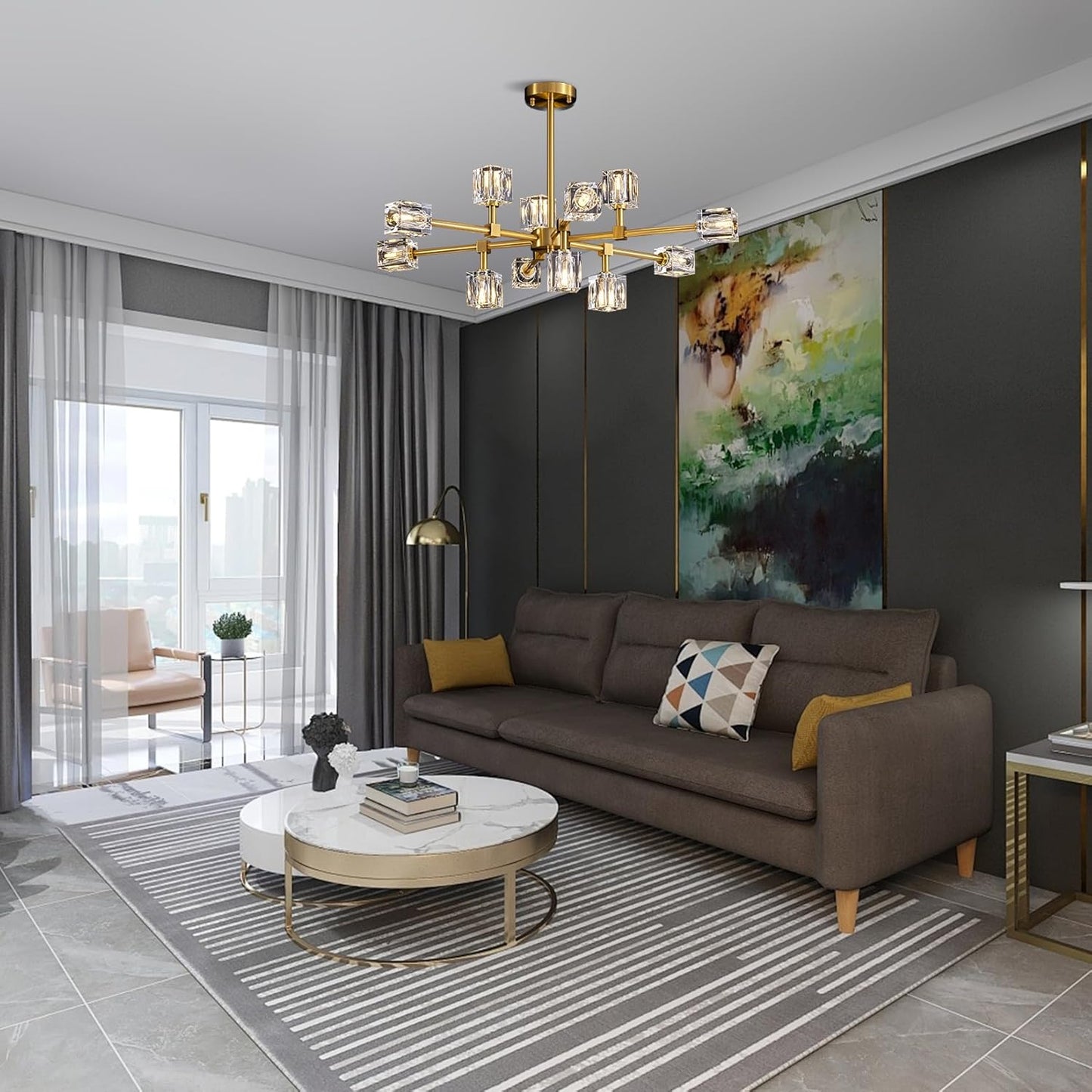 Crystal Chandeliers for Dining Room Light Fixtures,Gold Sputnik Chandelier with 12-Lights,Modern Adjustable Height Semi Flush Mount Ceiling Light Fixture for Kitchen Island Bedroom Entryway