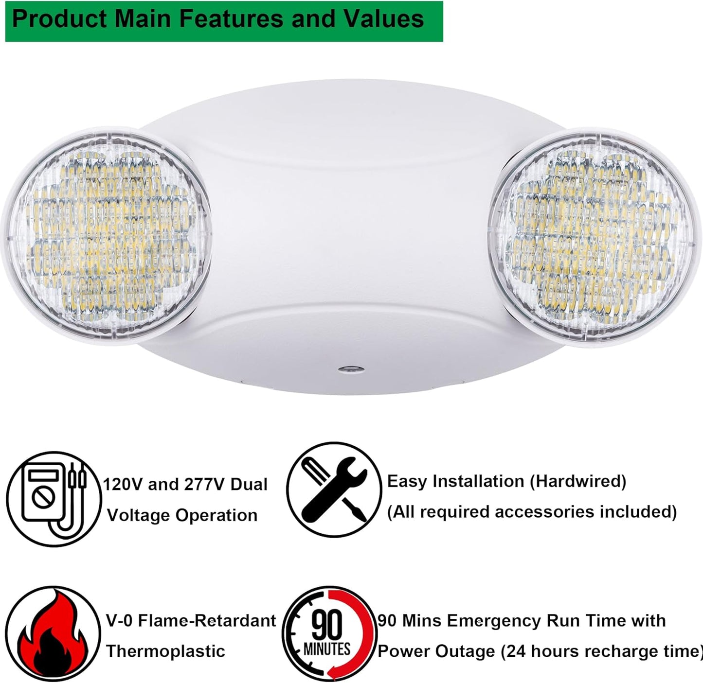LIT-PaTH LED Emergency Lighting Fixtures with 2 LED Bug Eye Heads and Back Up Batteries- US Standard Exit Light, UL 924 and CEC Qualified, 120/277 Voltage, White, 12-Pack