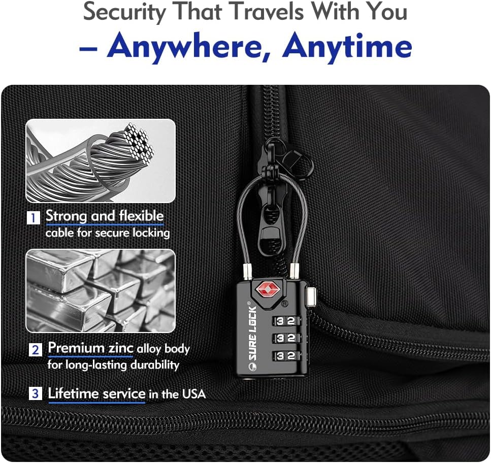 SURE LOCK TSA Compatible Travel Luggage Locks, Inspection Indicator, Easy Read Dials TSA Approved with Zinc Alloy Four Colour