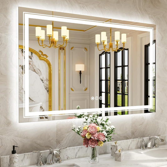 WTTY LED Bathroom Mirror 55"x36" with Back and Front Light,Modern LED Mirror for Bathroom,Stepless Dimmable Lighted Bathroom Vanity Mirror with Anti-Fog,Memory Function,Shatter-Proof