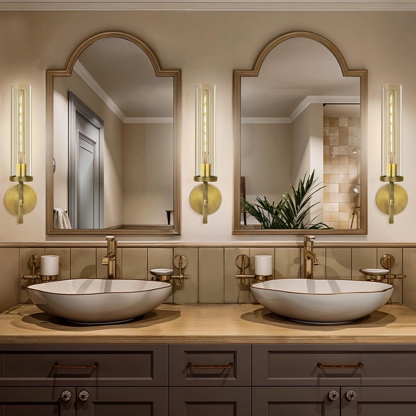 Brass Wall Sconce 19.48" Handcrafted Vintage Wall Lamp with Clear Glass Tube & Knurled Detailing, Sconce Lighting for Bedroom Bathroom Hallway Staircase Entryway, Dining Room Decor Lighting Fixture