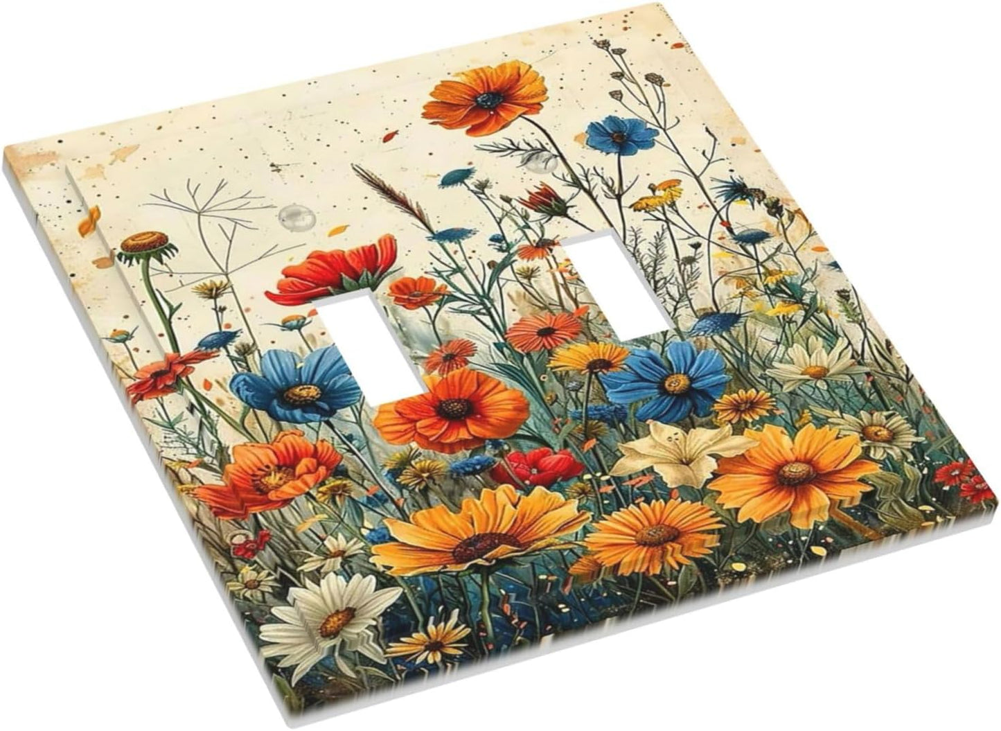 Decorative Switch Plate Covers Colorful Flowers Wildflowers Plants Orange Yellow Blue 2 Gang Double Toggle Light Switch Cover Plate Electrical Wall Plate Outlet Cover for Home Farmhouse