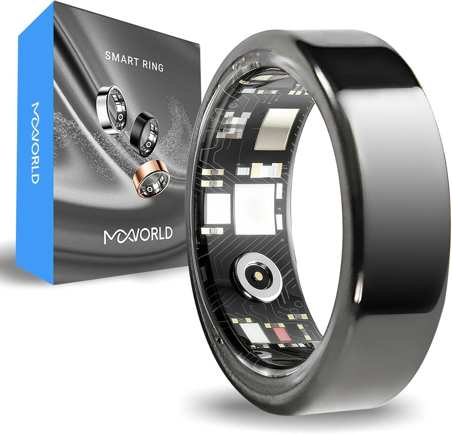 Mworld Smart Ring, Fitness & Health Tracker with Emotional AI Analysis, Sleep Monitor, Heart Rate/SpO2 Tracking, 10ATM Waterproof for Men and Women - Ceramic Material (Black, 8)