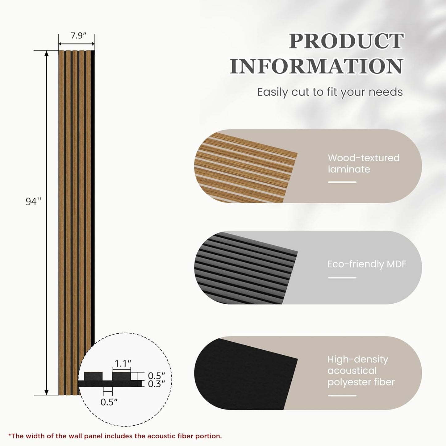 Wood Salt Acoustic Wall Panels, 6 Piece 94" x 7.9" x 0.8" Soundproof Wooden Wall Panels, 3D Fluted Sound Absorbing Panel, Natural Oak