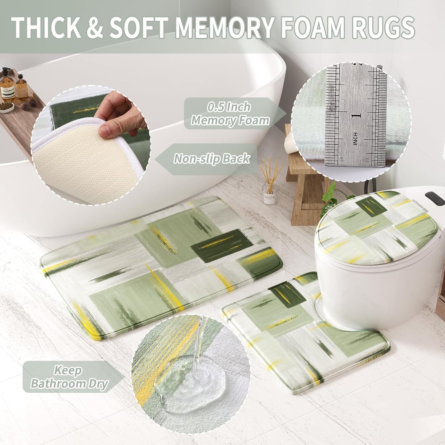 Bathroom Set - Sage Green Bathroom Accessories Set, Bathroom Sets with Shower Curtain and Rugs, Sage Green Shower Curtain Set with Bathroom Trash Can, Soap Dispenser, Soap Dish for Home Decor