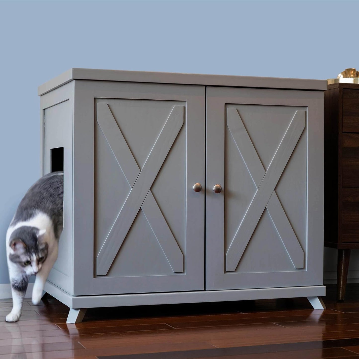 THE REFINED FELINE Cat Litter Box Enclosure Cabinet, Farmhouse, Smoke Gray, Mid-Century Feet, XLarge, Hidden Litter Cat Furniture with Drawer