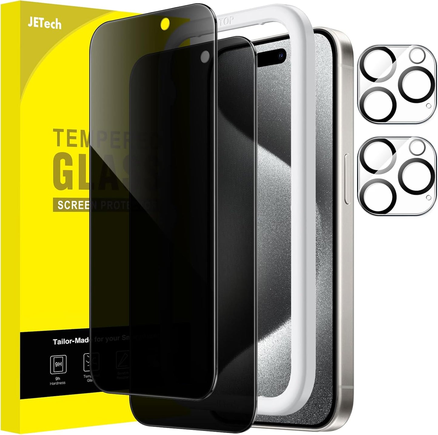 JETech Privacy Screen Protector for iPhone 15 Pro 6.1-Inch with Camera Lens Protector, Anti-Spy Tempered Glass Film, Easy Installation Tool, 2-Pack Each