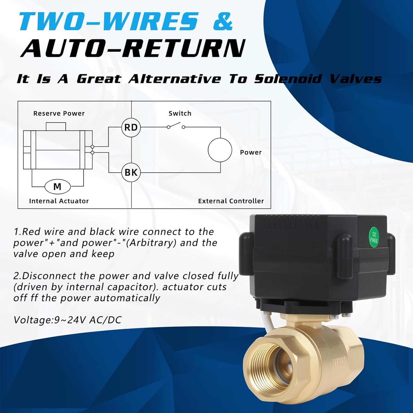 1" Motorized Ball Valve Brass - 2 Wire Auto Return Electric Water Valve with Full Port, 9-24V AC/DC Automatic Ball Valve