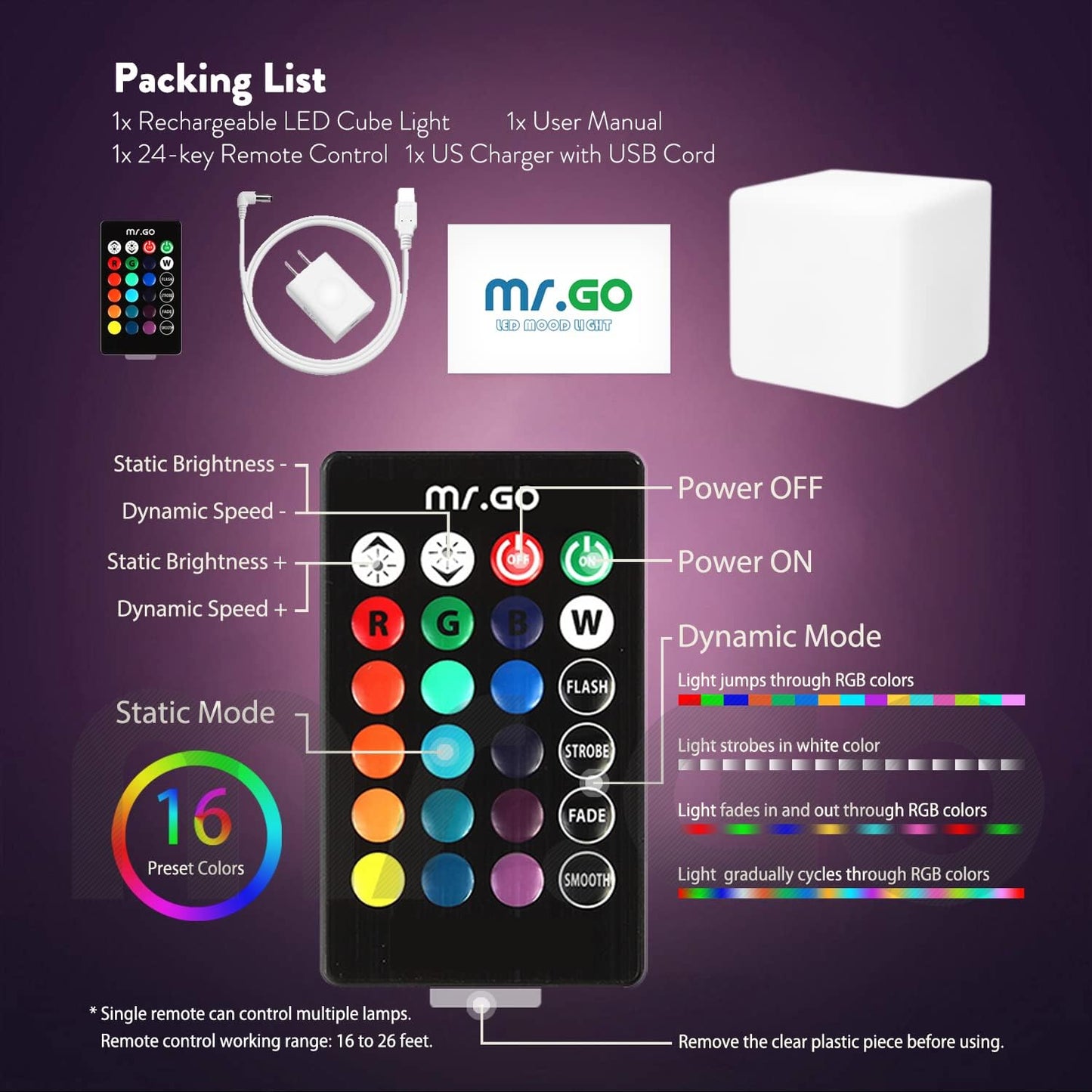 Mr.Go 4-inch Dimmable LED Night Light Mood Lamp for Kids and Adults - 16 RGB Colors - 8 Level Dimming - 4 Lighting Effect - Rechargeable - Remote Control - Decorative, Fun & Safe - White Finish Cube