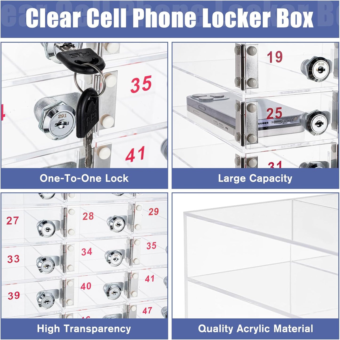 Layhit 50 Slots Cell Phone Locker Box for Classroom Clear Acrylic Cell Phone Storage Cabinet Bin with Door Locks for Classroom School Students Office Factory Employees