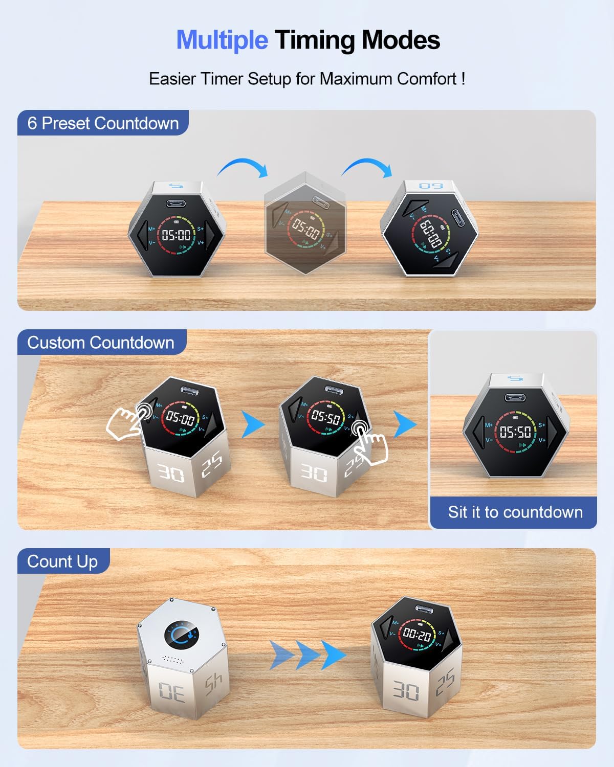 Ticktime Pomodoro Timer, Productivity Timer Cube, 5/15/25/30/45/60 Min Presets, Custom Countdown & Stopwatch 1s–99m59s, Sound/Vibration/Silent, Magnetic, Rechargeable, for ADHD Study Work, Silver