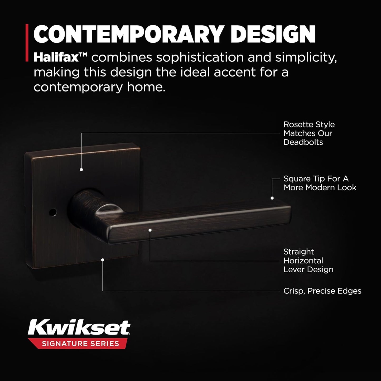 Kwikset Halifax Interior Privacy Door Handle with Lock, Door Lever For Bathroom and Bedroom, Venetian Bronze Reversible Keyless Push Button Lock Door Lever, with Microban Protection, Square Rose