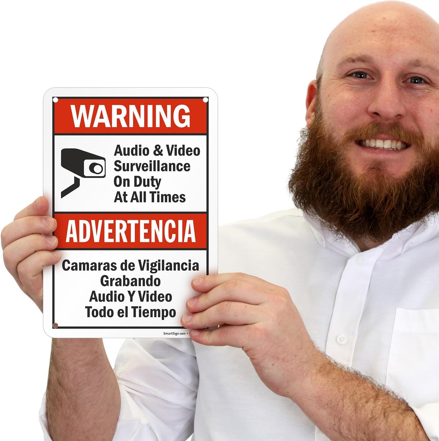 SmartSign 2-Pack 'Warning Audio And Video Surveillance On Duty At All Times' Bilingual Sign - 7" x 10", 40 mil Laminated Rustproof Aluminum Metal, Red, Black and White, Fade-Resistant, Made in USA