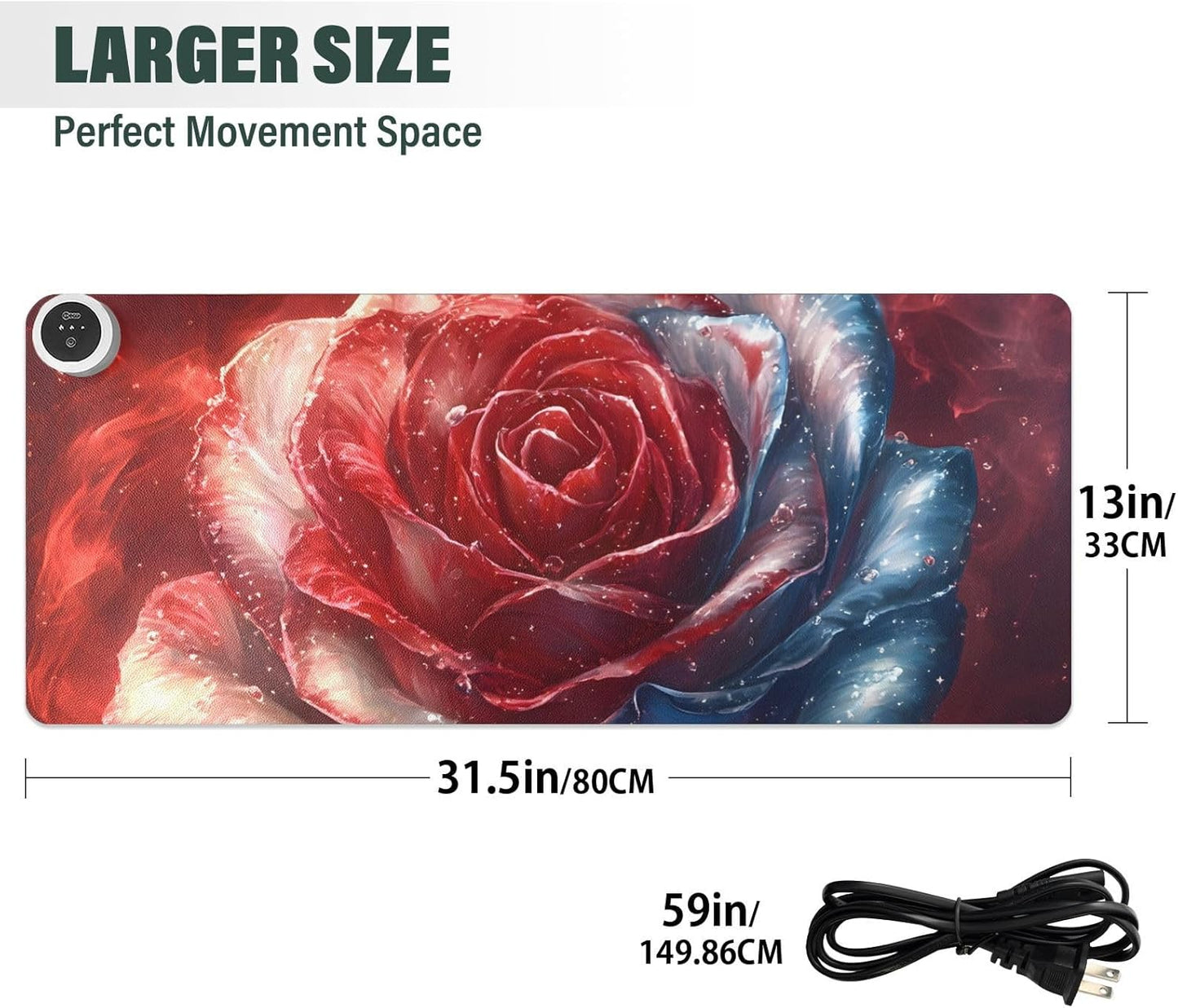 Large Heated Mouse Pad,Leather Desk Mat,31.5"x13", Hand Warmer Pads for Desk,Rose(Red)