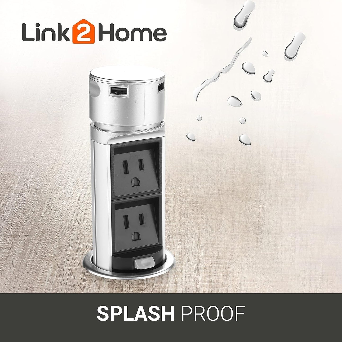 Link2Home 2 Pack Space Saver Pop Up Outlet Station with USB, 2 Power Outlets 15A, 2 USB Ports 2.4A Fast Charge Splash Resistant, Stainless-Steel Finish, for Kitchen Island, Office Table and Workshop