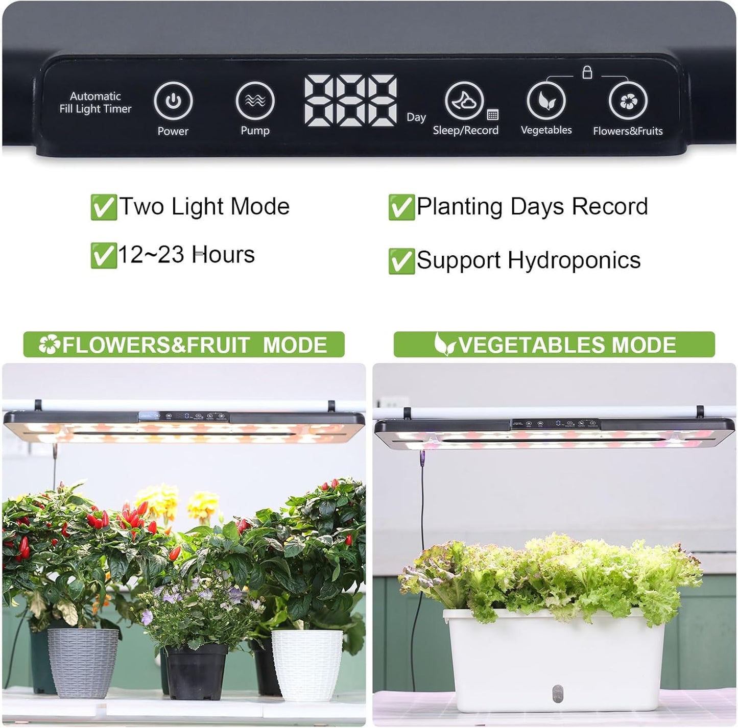 22" x 10" Grow Lights for Indoor Plants and Vegetables, Full Spectrum LED Growing Lamp for Indoor Garden Greenhouse - Features Two Smart Light Mode, 12~23H Timer - 1 Pack (1 Pack Black)
