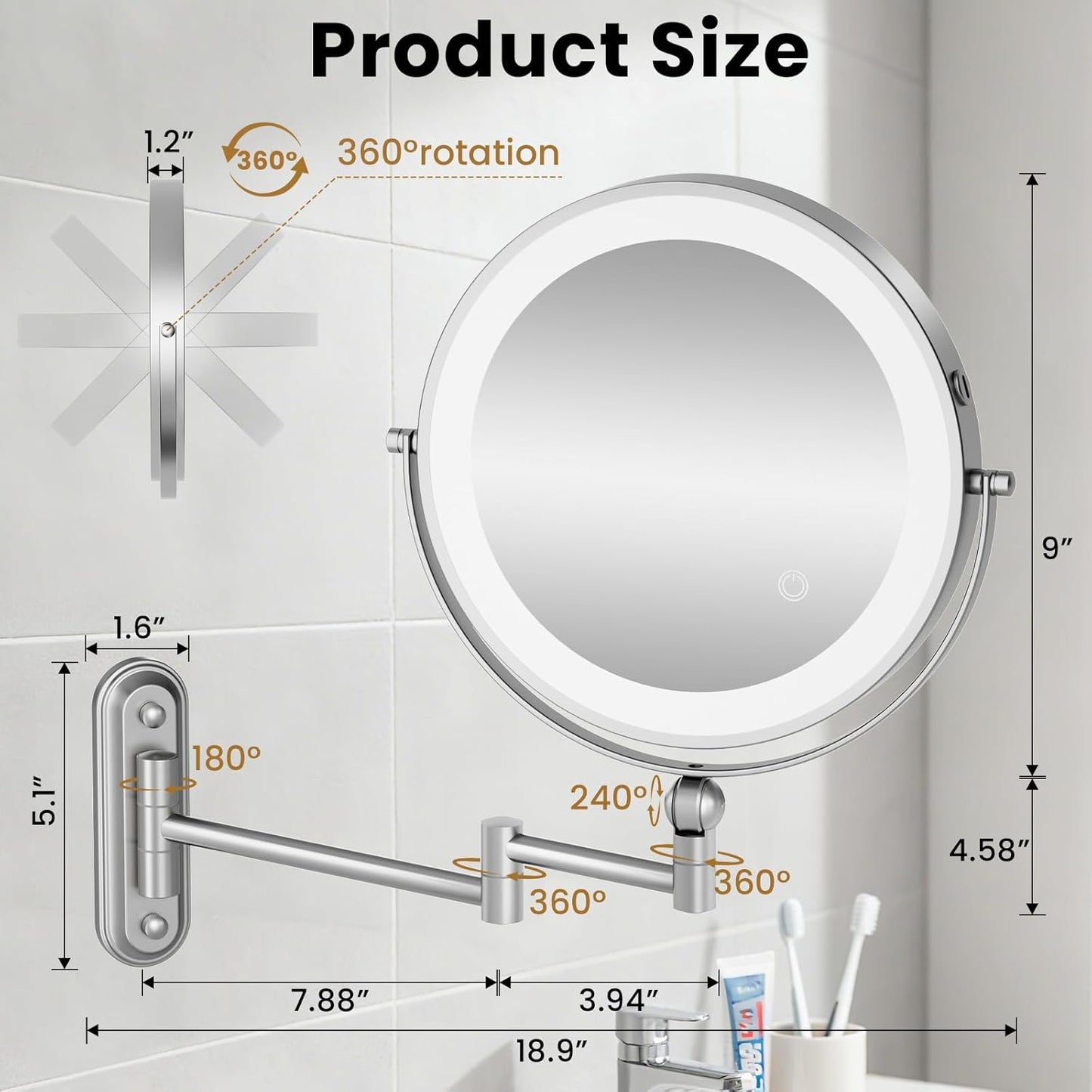 Rocollos 9-Inch Large Makeup Mirror with 30X Magnification, Rechargeable Wall Mounted Vanity Mirror with Lights, 3 Color Dimmable LED, Touch Screen & Retractable Arm-Black (9INCH-Chrome)