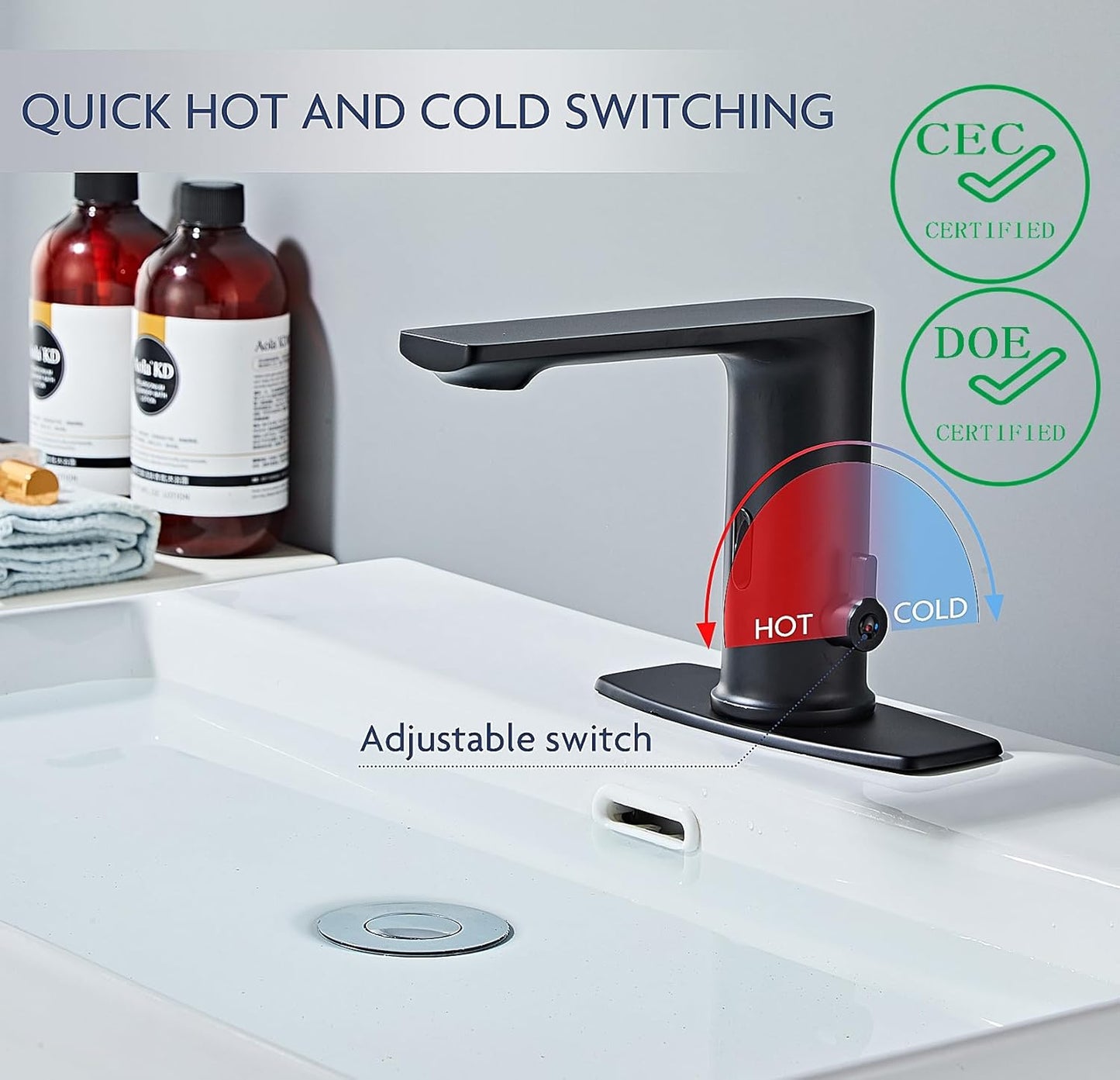 Tool-Free WaterSense Touchless Bathroom Brass Faucet,Automatic Sensor Faucet with Motion Sensor, Matte Black Low Flow grifos, Meets CEC Standards