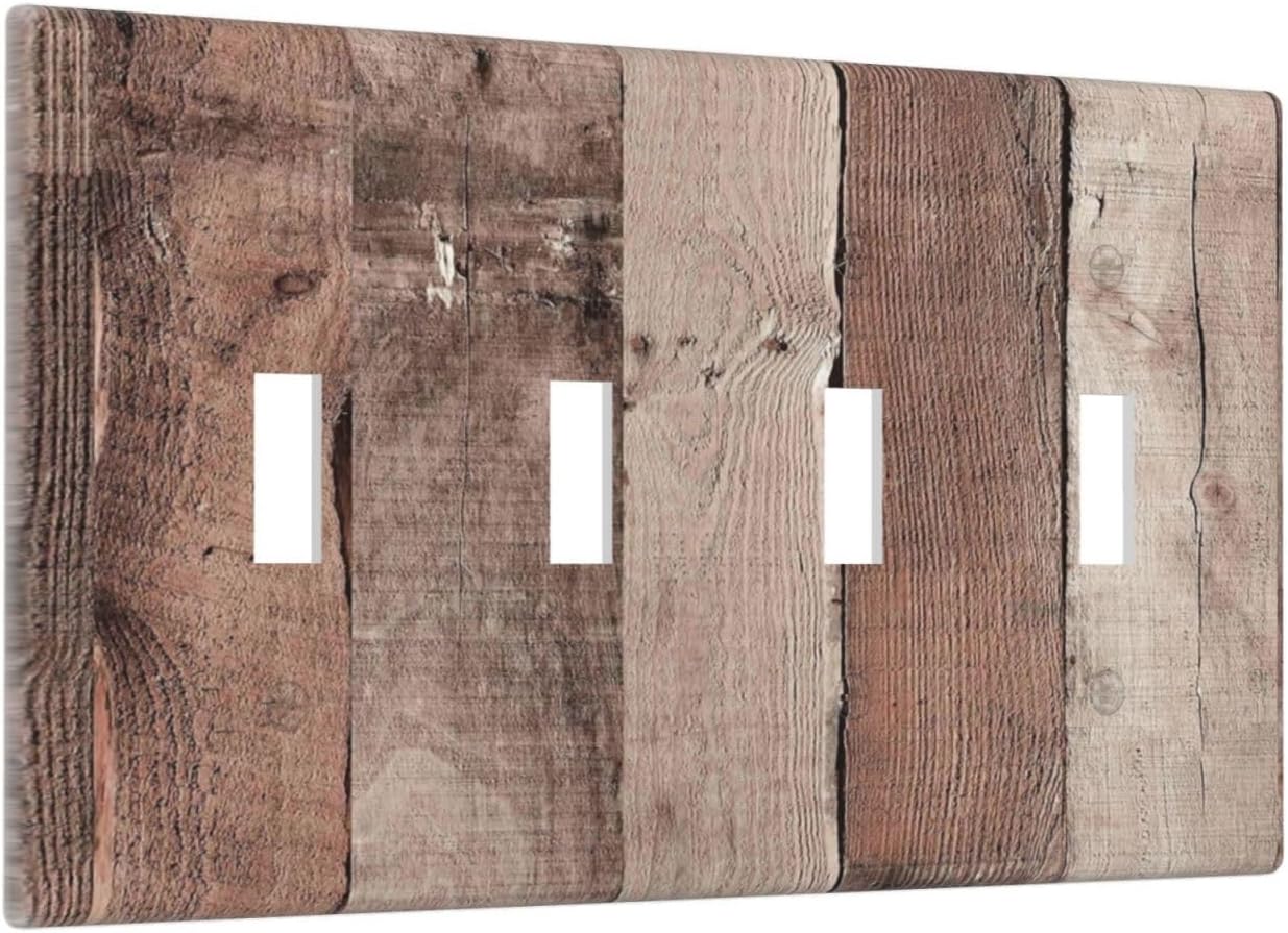 Light Switch Covers Retro Wood Brown Farmhouse Barn Wooden Quad Toggle Electrical Faceplate 4 Gang Wall Plate Decorative Switch Plates for Farmhouse Cabin Decor