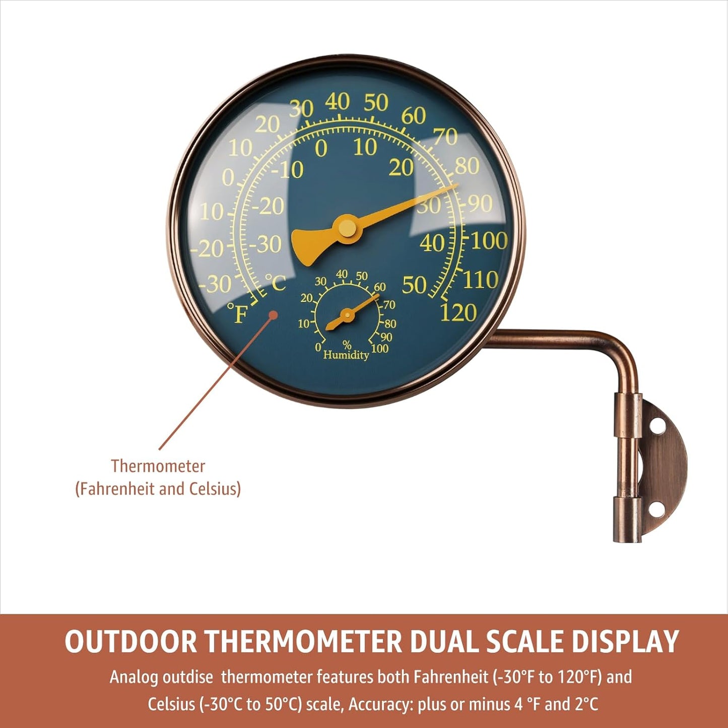 4-Inch Outdoor Thermometer and Humidity Gauge, Window Thermometer for Outside Temperature and Humidity Monitor, Brass Analog Dial, Battery-Free for Patio, Garage, Greenhouse, Garden, Wall