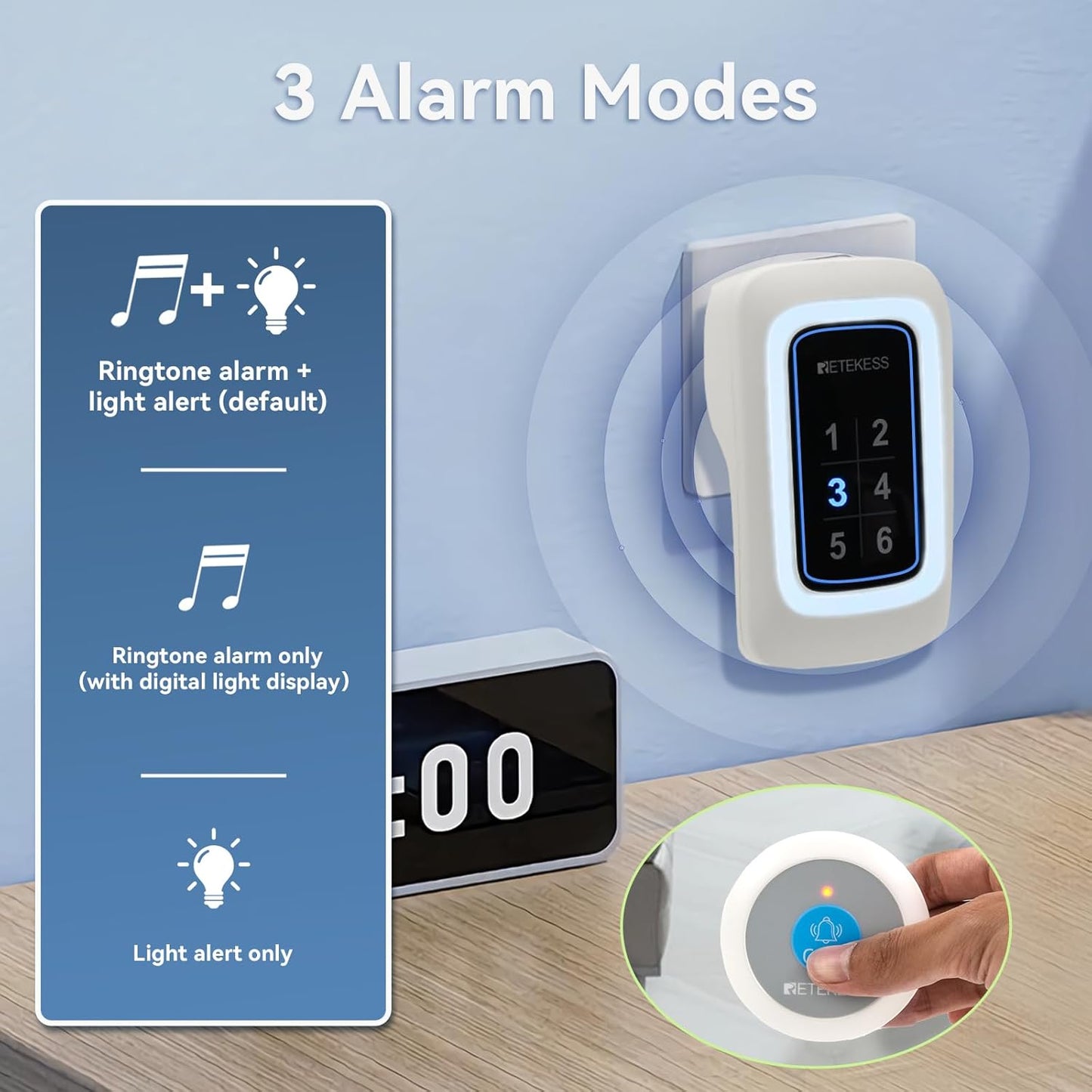 Retekess TH109N Call Button for Elderly at Home,Caregiver Pager, 850ft,Low Battery Reminder,LED Number Display, 1 Plug-in Receiver 6 Panic Buttons for Elderly at Hospital, Nursing Station