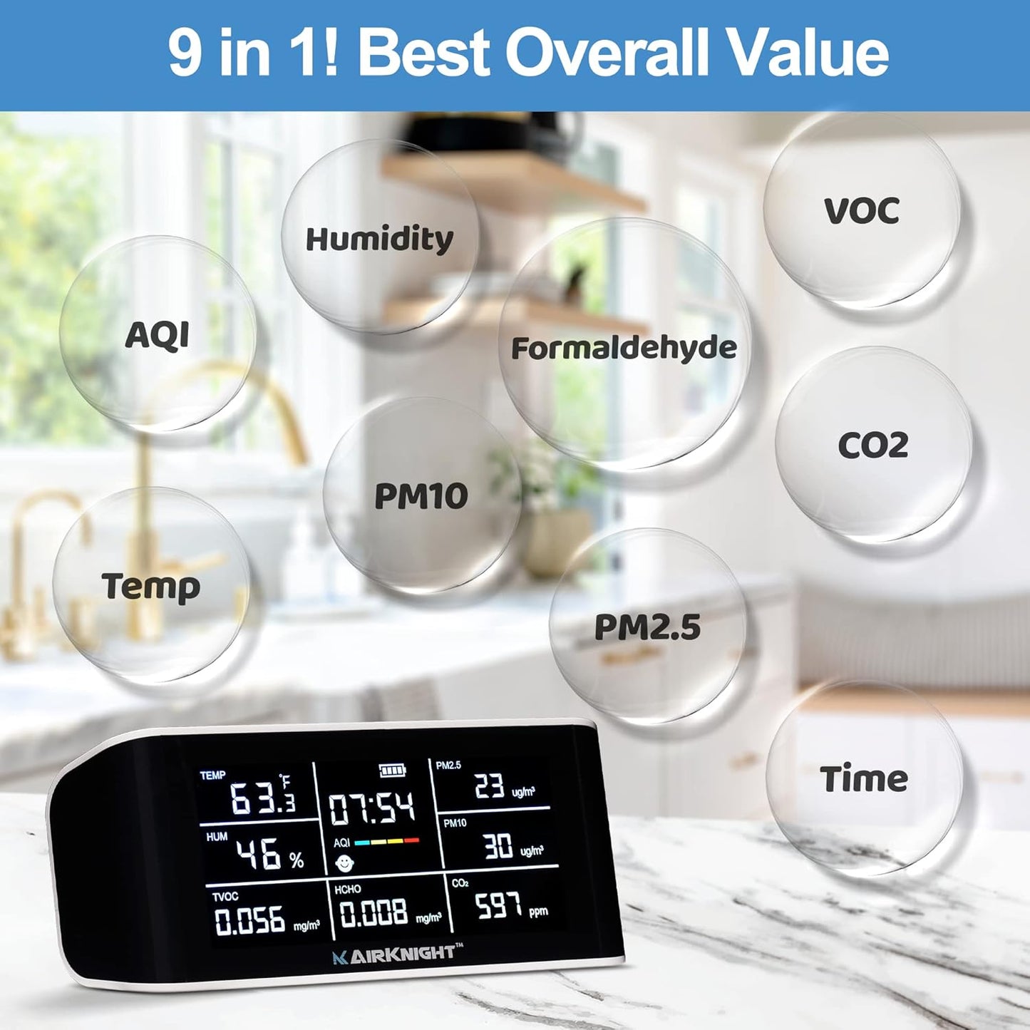 AirKnight Premium Indoor Air Quality Monitor Indoor & Air Quality Sensor. VOC Detector, CO2 Monitor, Formaldehyde Detector HCHO, AQI, PM2.5, PM10 Temperature Humidity Air Monitor AQI CO2 Meter