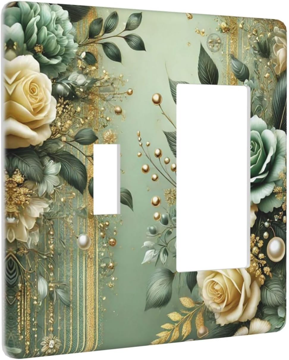 Decorative Outlet Covers Rustic Green Floral Leaves Teal Flowers Gold Stripe 2 Gang 1 Gang Wall Plate Cover Single Toggle Rocker Combo Light Switch Cover Plate Face Plate