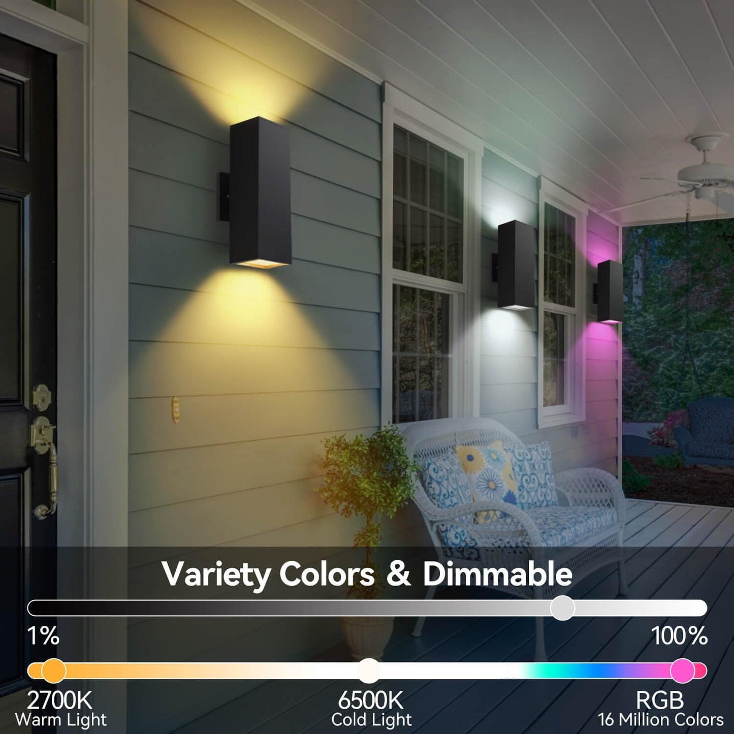 Outdoor Wall Lights 2 Pack, Aluminum Exterior Lighting Fixtures Dusk to Dawn Outdoor Lighting Color Changing Porch Lights with Matte Black Finish, Up and Down Lights Control with App and Voice