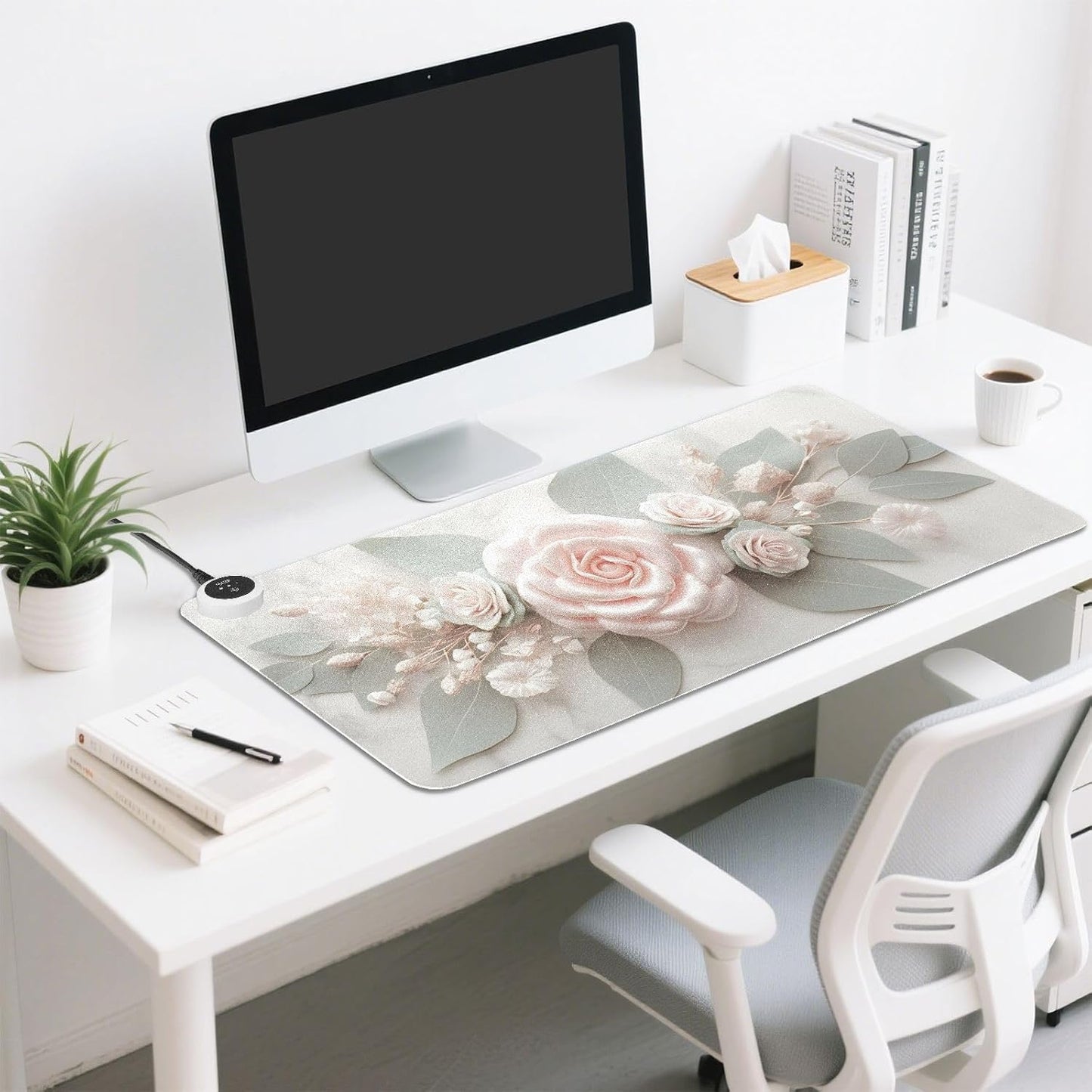 Large Heated Mouse Pad,Leather Desk Mat,31.5"x13",Hand Warmer Pads for Desk,Rose(Cream)