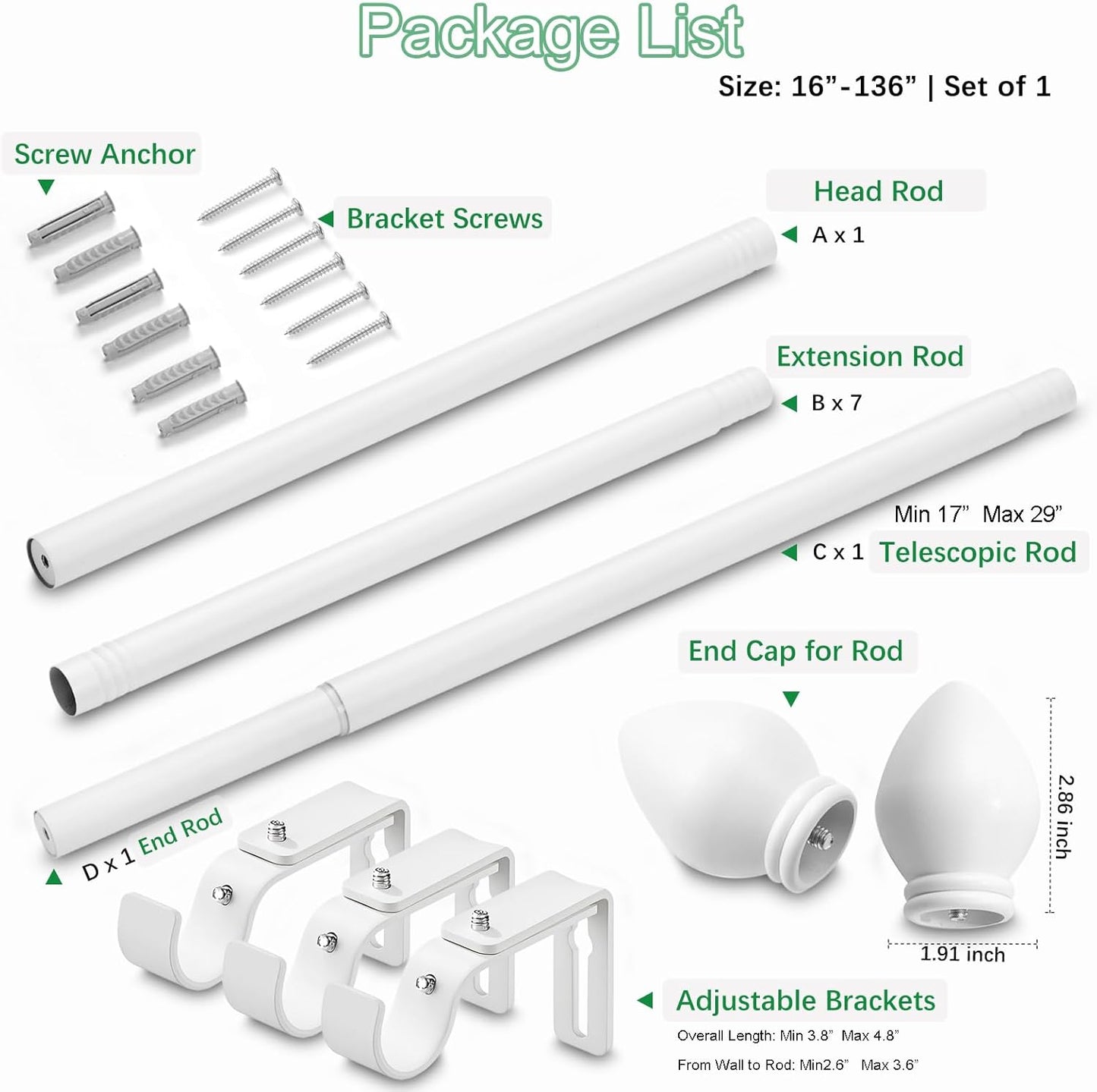 Curtain Rods for Windows 16 to 136 inches, Curtain Rod Max Adjustable Length to 146 in, Drapery Rod 1 inch Diameter with Modern Knobs Finials (White, 16" to 136" - Set of 1)