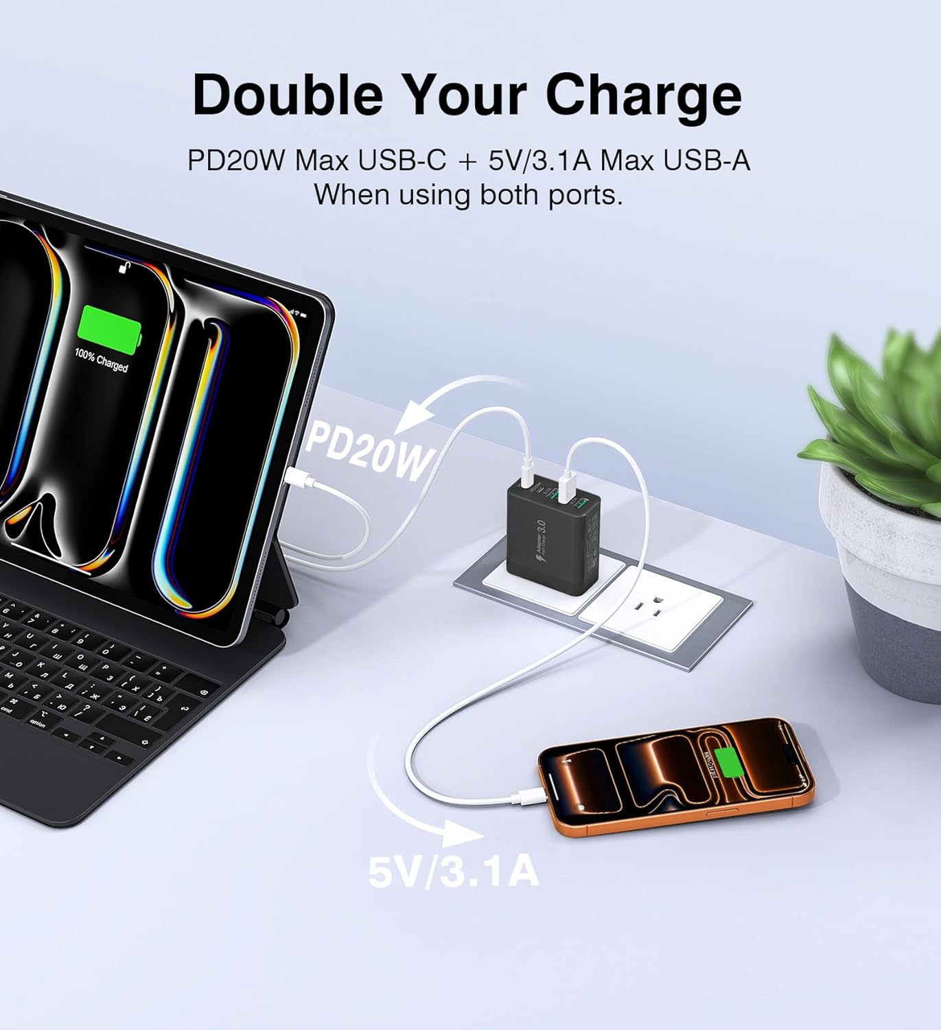[2-Pack] USB C Wall Charger, 60W Fast USB C Charger Block, 5-Port PD Power Adapter + QC Wall Plug Multiport Type C Charging Block Cube Compatible with iPhone 17 16 15 14 13 12 Pro Max XR XS, Black