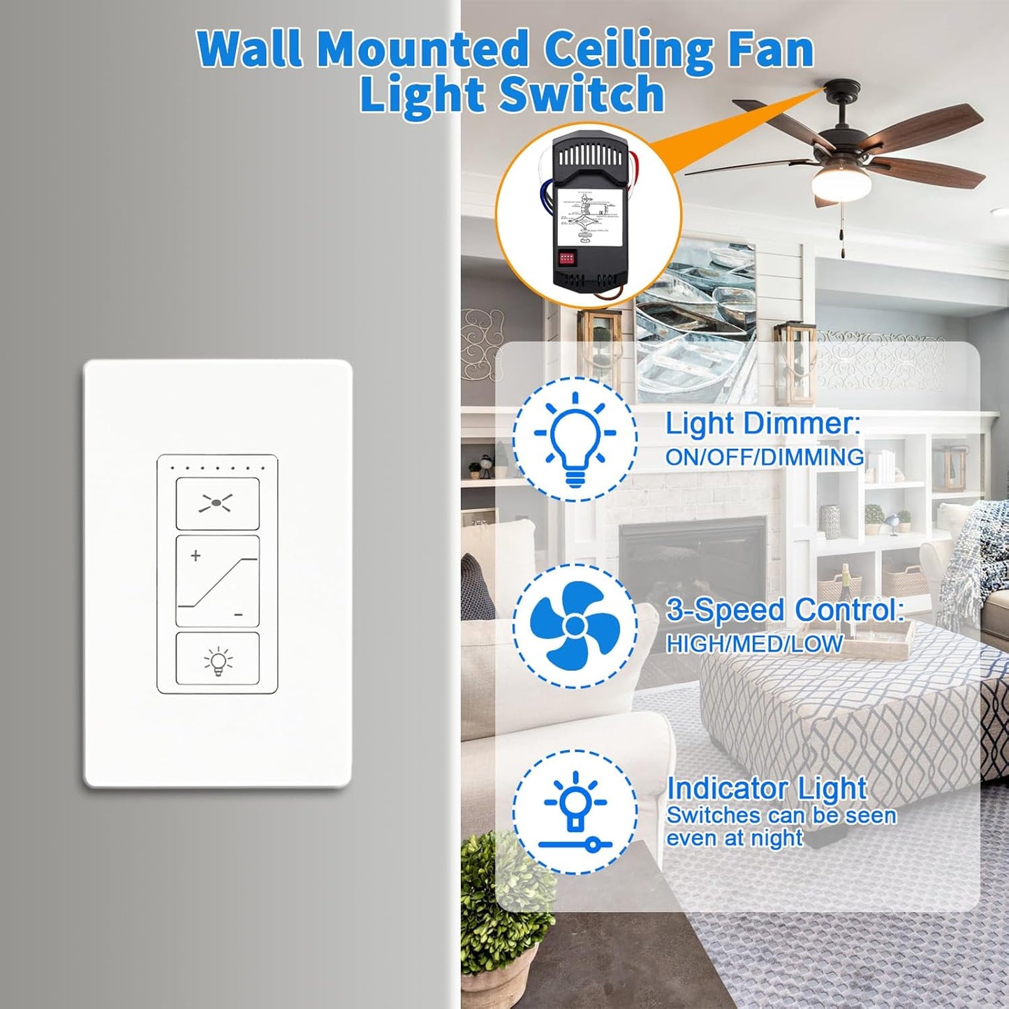 Universal Ceiling Fan Remote Control, Ceiling Fan Remote Control Kit and Dimmer Light Switch, Ceiling Fan Wall Switch UC9050T, Fan Remote Control Kit Compatible with Hampton Bay Harbor Breeze Hunter