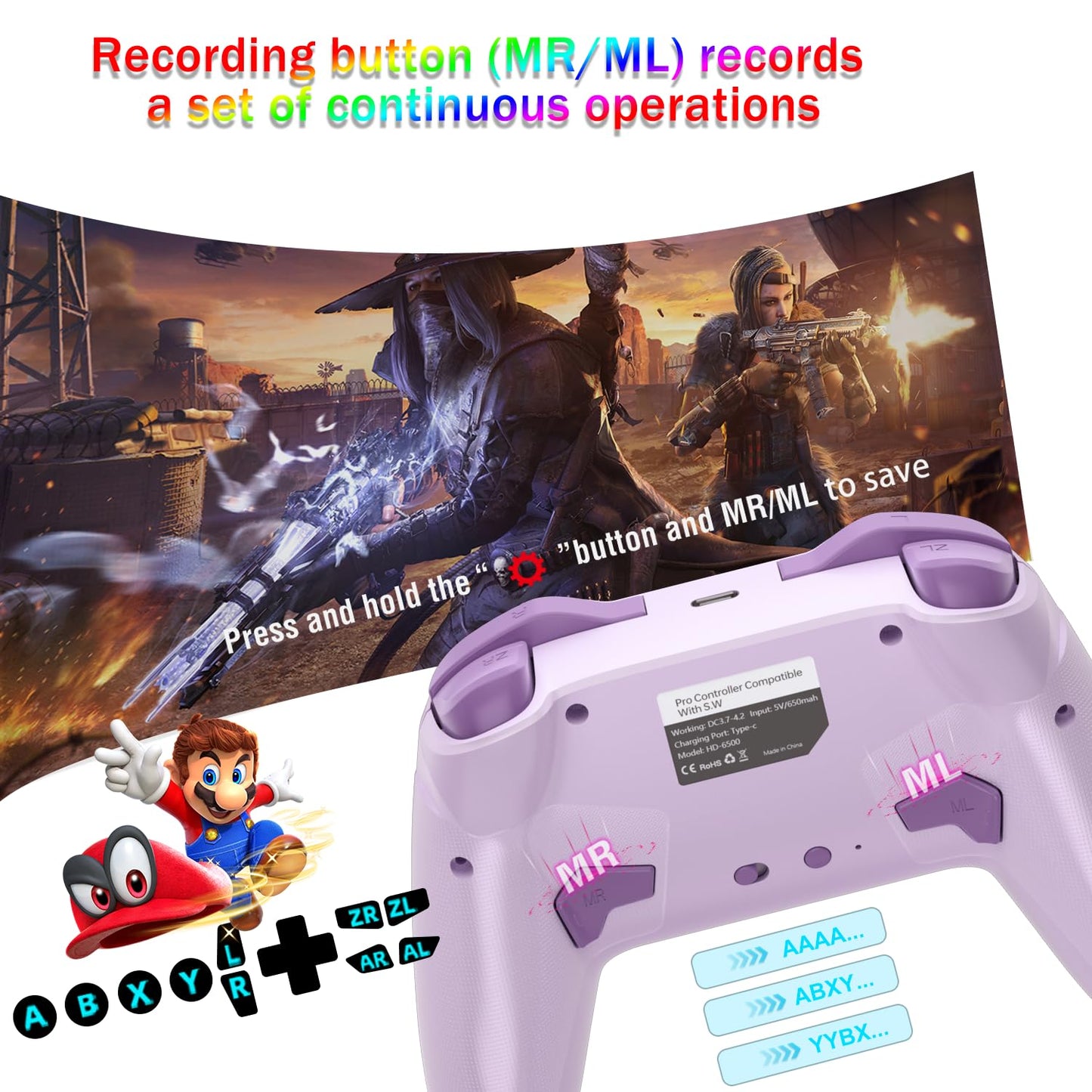 Bluetooth Controller for Switch/Mac/PC/Steam/Mobile Phone/iOS/Android//TV/iPad/Table/Apple Arcade MFi Games, switch pro controller wireless with Adjustable Dual Motion,Turbo,Macros,6-Axis,Wake Up for Black Myth: Wukong (Black) (Purple) (Purple)