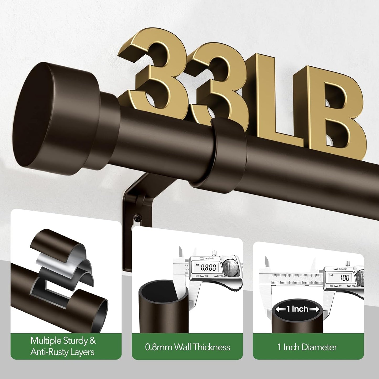 Curtain Rods for Windows 48 to 84, 1 Inch Adjustable Heavy Duty Long Window Drapery Rods with End Caps, Indoor Outdoor Curtain Rod for Patio Bedroom, Size 32" - 90", Antique Bronze