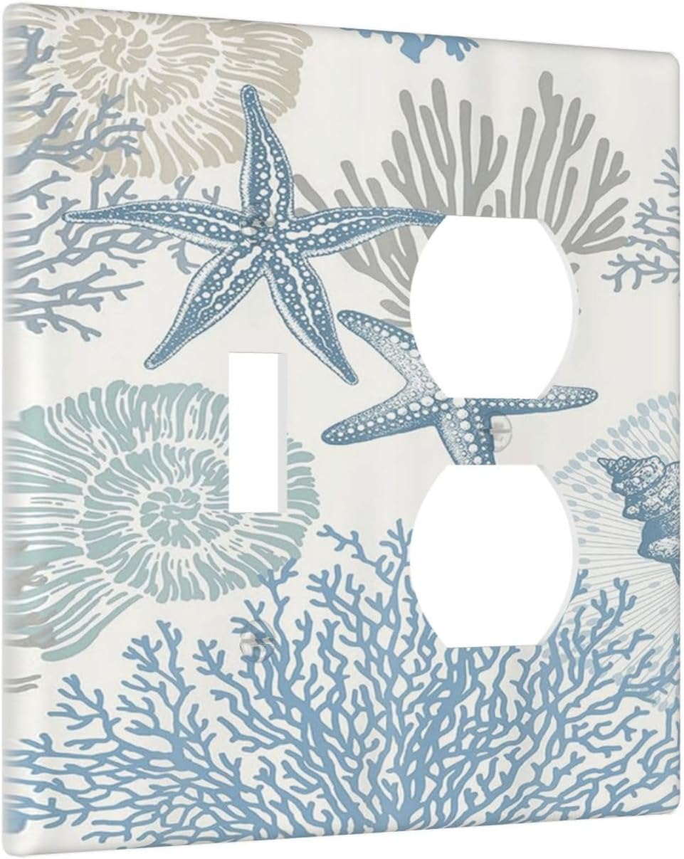 Decorative Outlet Covers Blue Starfish Coral Seaweed 2 Gang Wall Plate Single Toggle Duplex Light Switch Cover Switch Plate Covers for Bathroom Bedroom Home Decor