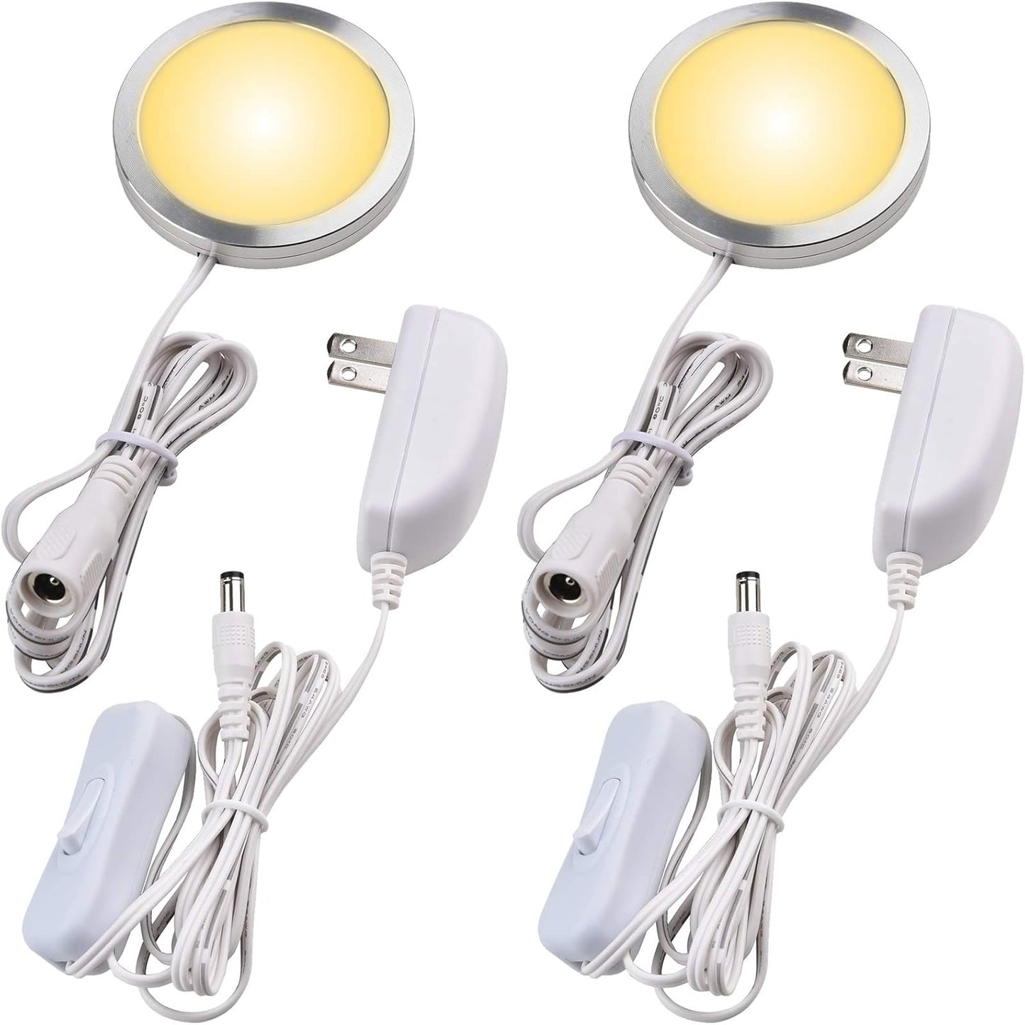 Single LED Kitchen Under Cabinet Puck Light, 120V Direct Wall Plug in Closet Cupboard Night Light, Easy to Mount, Inline On Off Switch, White Wires, 2 Packs, Warm White