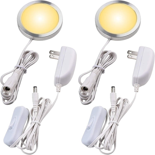 Single LED Kitchen Under Cabinet Puck Light, 120V Direct Wall Plug in Closet Cupboard Night Light, Easy to Mount, Inline On Off Switch, White Wires, 2 Packs, Warm White